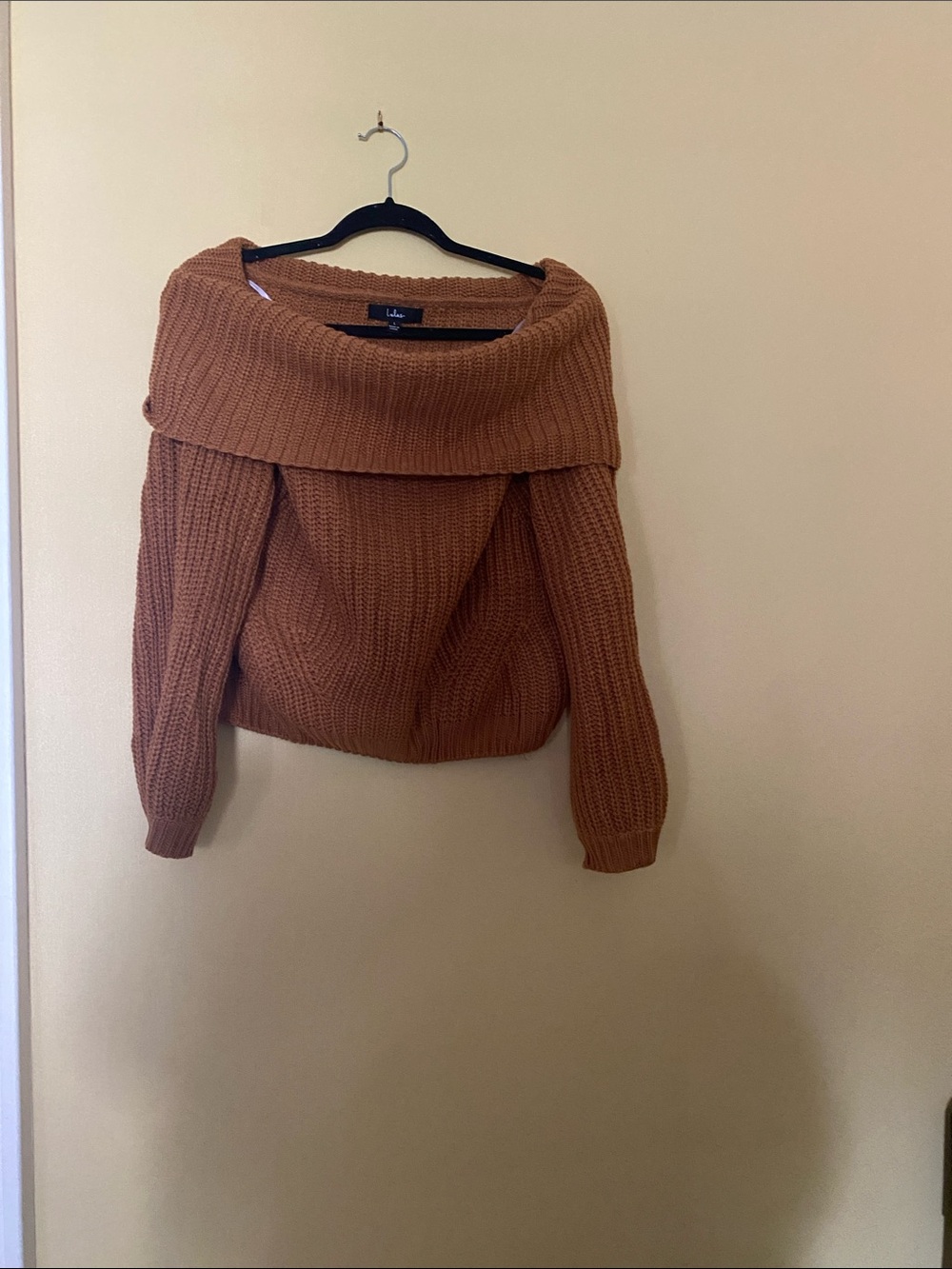 Lulu's Off-the-Shoulder Chunky Knit Sweater in Rust Brown